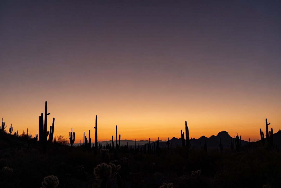 Saguaro cactus silhouetted against an Arizona desert sky at dusk