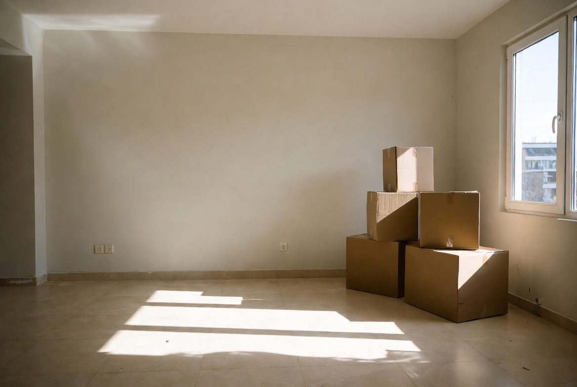 An empty living room with packed moving boxes and sunlight across the floor
